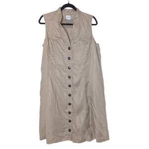 Chico's 100% Linen‎ Button Front Shirt Dress Beige Sz 2 (L) Lagenlook Safari